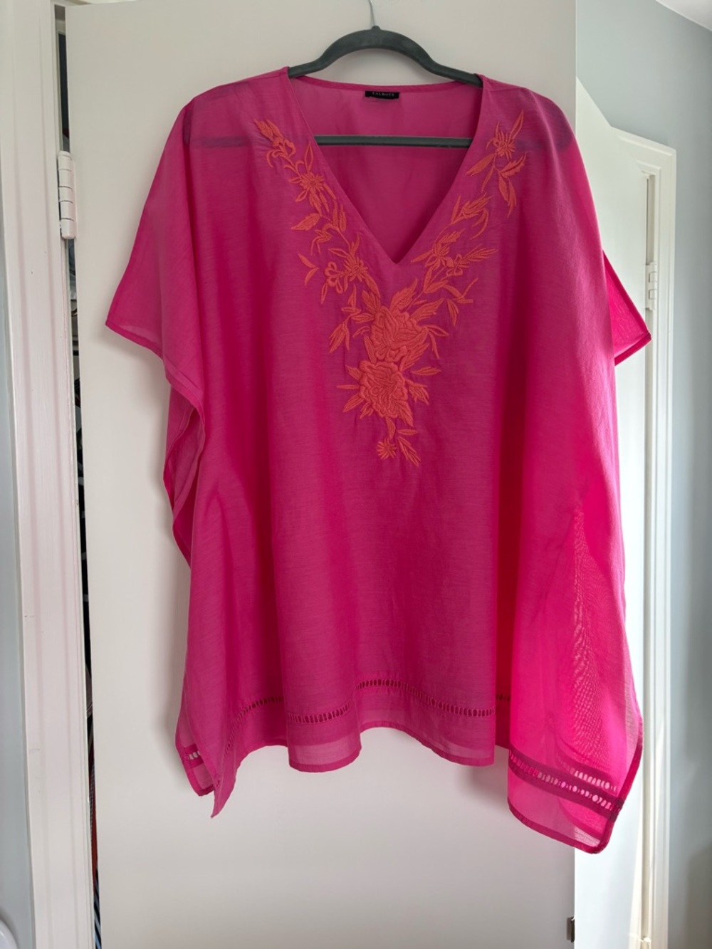 Talbots Hot Pink caftan with gorgeous orange embroidery